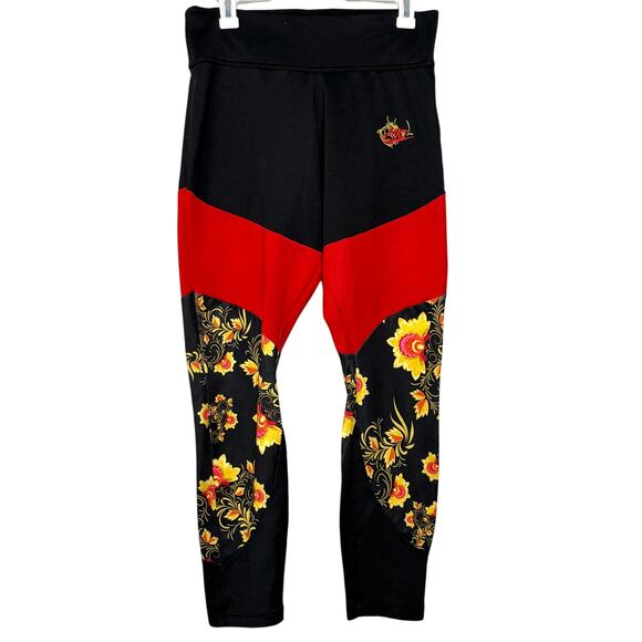 Womens Nike Essential Floral Printed Leggings SZ L Black Red Gold - Picture 1 of 8